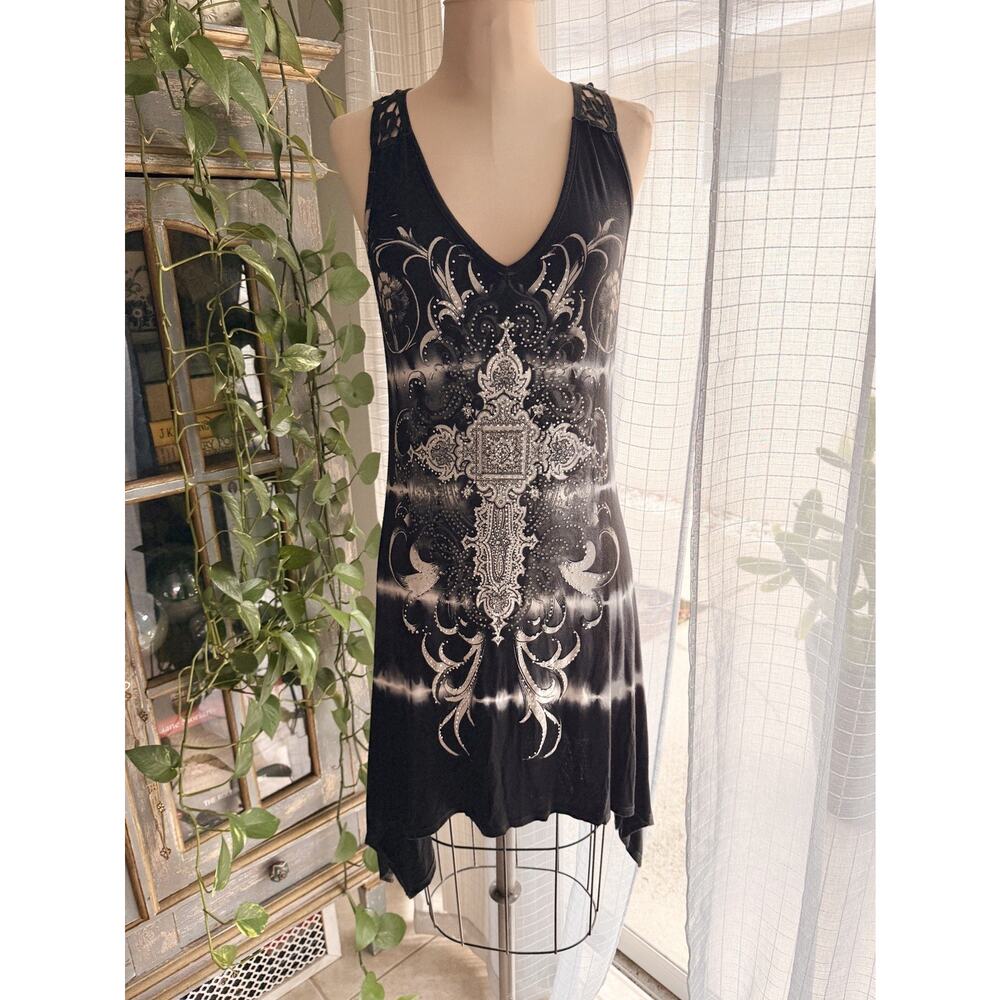 Y2K Vocal Crystal Beaded Hi Lo Tunic Tank Dress Black Tie Dye Grunge 90s Large